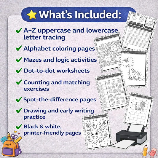 Alphabet Worksheets for Preschool & Kindergarten – A–Z Tracing, Coloring, Mazes & Learning Activities (Printable PDF)