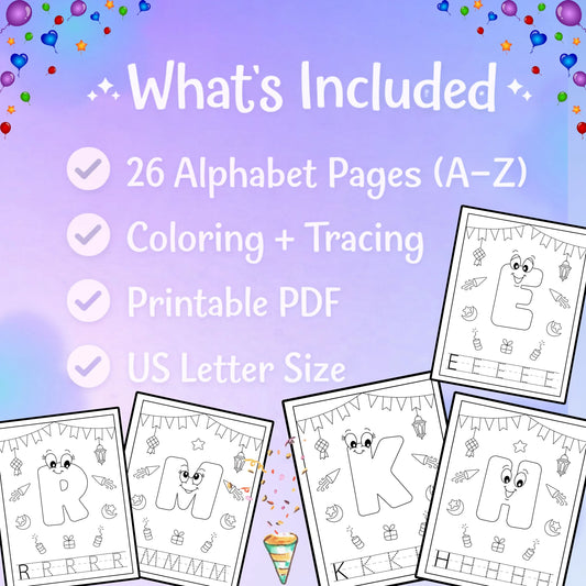 Birthday alphabet coloring and tracing pages A–Z printable PDF.