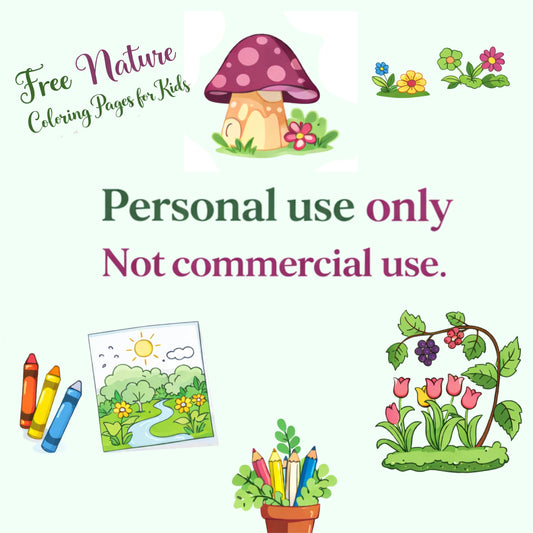 Free nature coloring pages for kids featuring printable black-and-white spring and garden coloring sheets, including flowers, mushrooms, snails, and outdoor scenes, available as a PDF instant download.