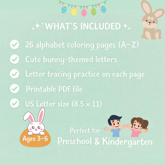 Easter alphabet coloring and tracing pages A–Z featuring bunny-themed printable letter worksheets