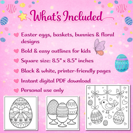Easter Coloring Pages Printable for Kids | Easter Eggs, Bunnies & Spring Designs | Bold & Easy | 8.5 x 8.5