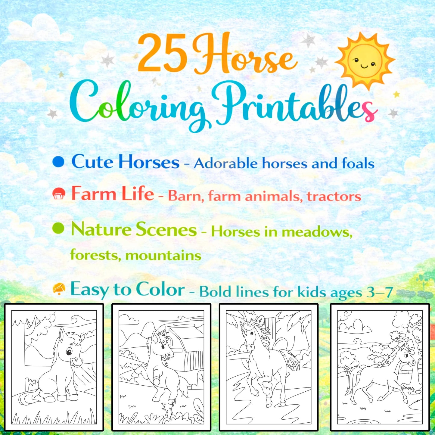 Horse Coloring Pages for Kids | Printables PDF. Elevenpecils