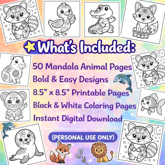 Mandala Animal Coloring Pages Printable – 50 Bold & Easy Animal Mandalas (8.5 x 8.5 PDF)