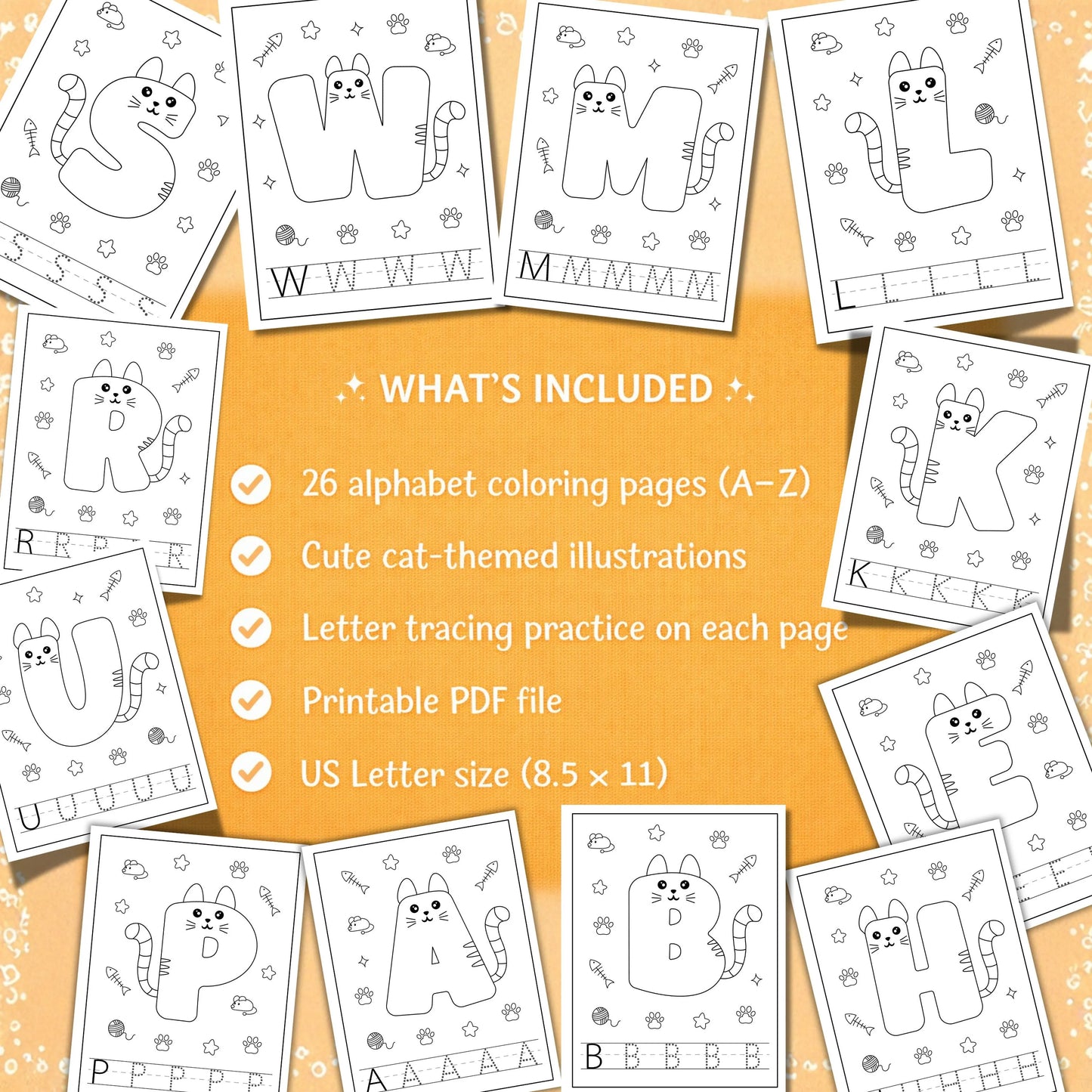 Alphabet cat coloring and tracing pages A–Z showing what’s included, featuring 26 printable letter worksheets with cute cat illustrations and tracing practice in US Letter size.