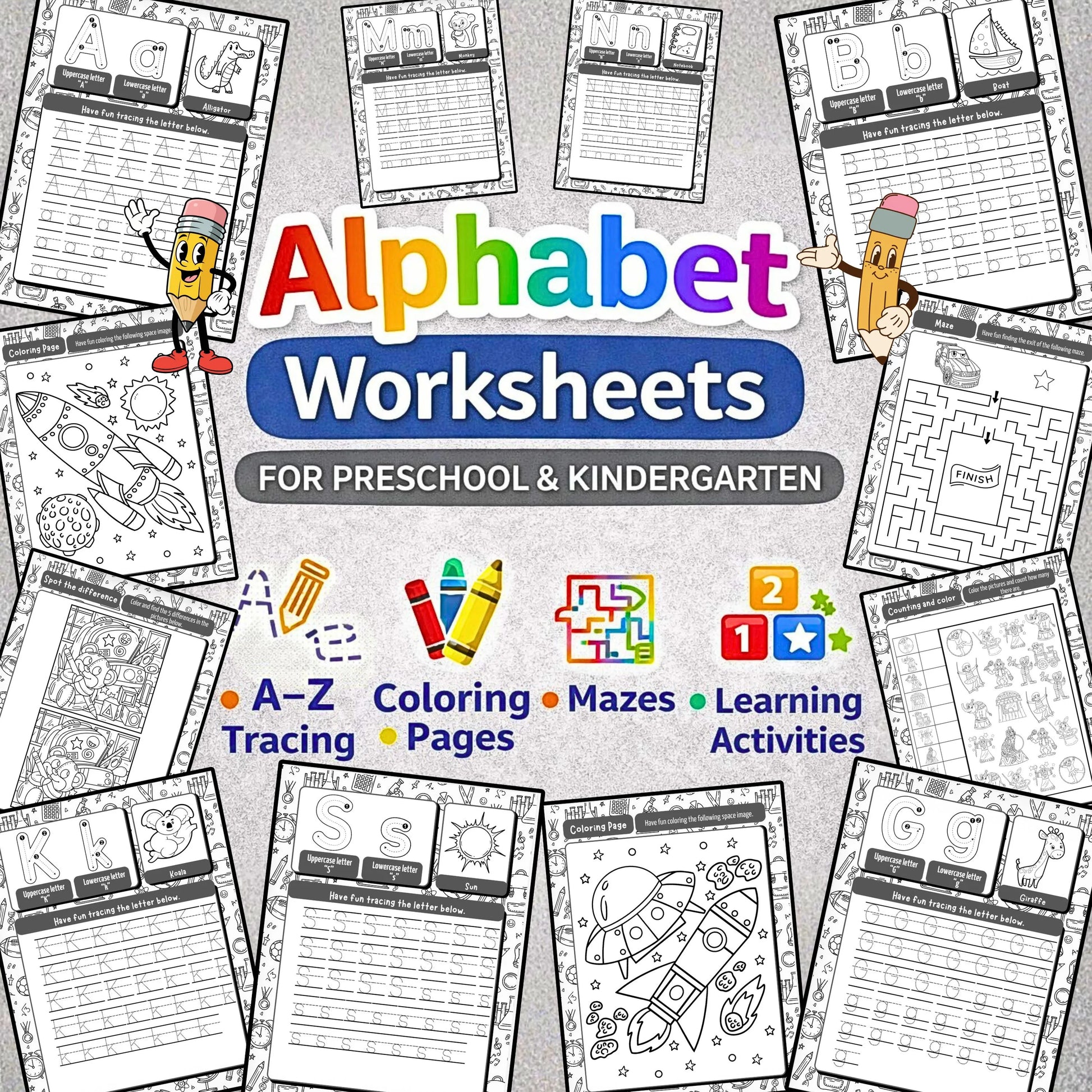 Alphabet Worksheets for Preschool & Kindergarten – A–Z Tracing, Coloring, Mazes & Learning Activities (Printable PDF)