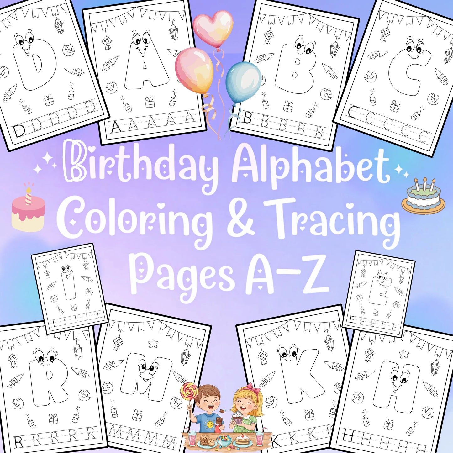 Birthday alphabet coloring and tracing pages A–Z printable PDF.