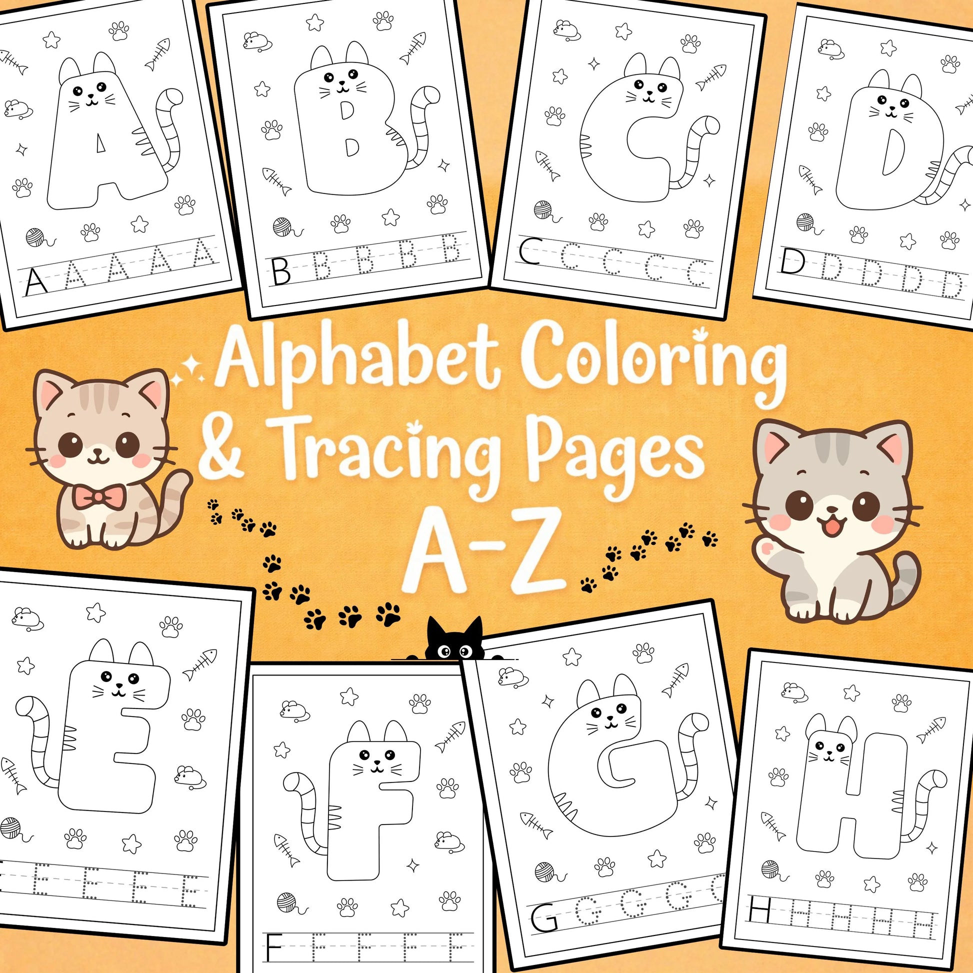 Alphabet cat coloring and tracing pages A–Z showing what’s included, featuring 26 printable letter worksheets with cute cat illustrations and tracing practice in US Letter size.