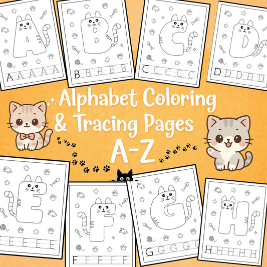 Alphabet cat coloring and tracing pages A–Z showing what’s included, featuring 26 printable letter worksheets with cute cat illustrations and tracing practice in US Letter size.