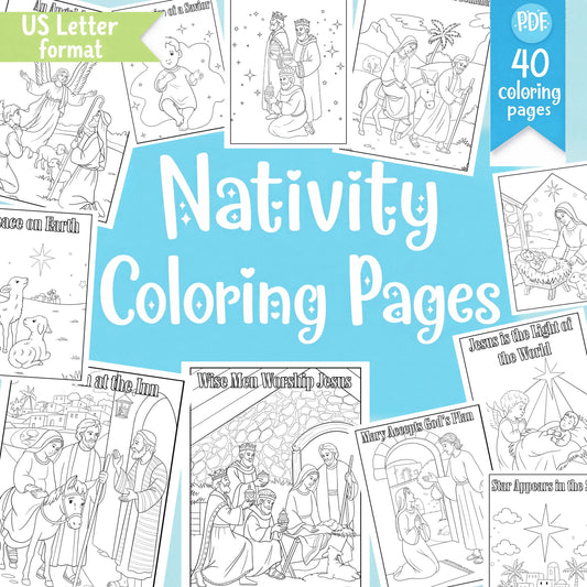 Nativity Coloring Pages, Story of Jesus’ Birth, Christian Christmas Printable PDF, Hand drawn illustrations, No Ai, homeschool, Sunday and school activities, busy worksheets.