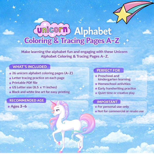 Printable unicorn alphabet coloring and tracing pages A–Z for preschool and kindergarten. Fun ABC learning worksheets for kids ages 3–6.