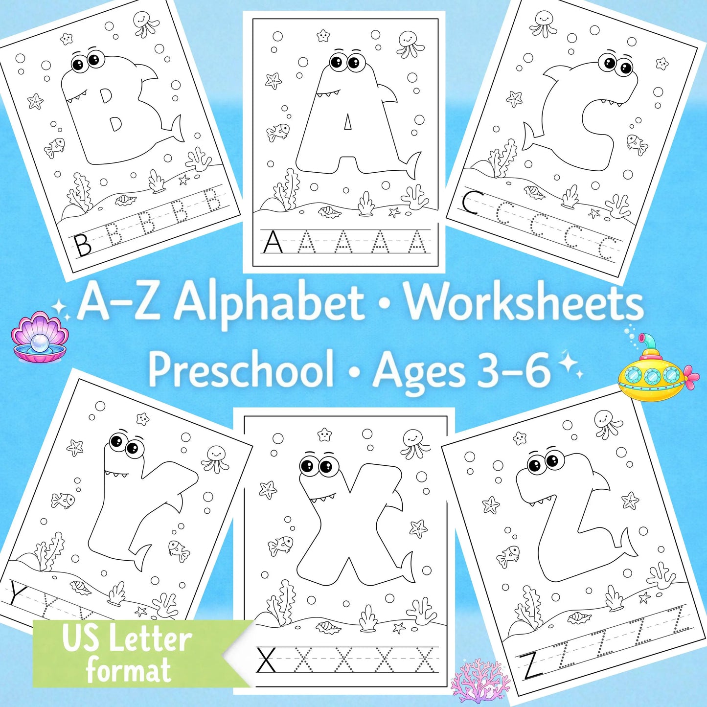 A–Z alphabet coloring and tracing worksheets with sea animal letters for preschool kids ages 3–6