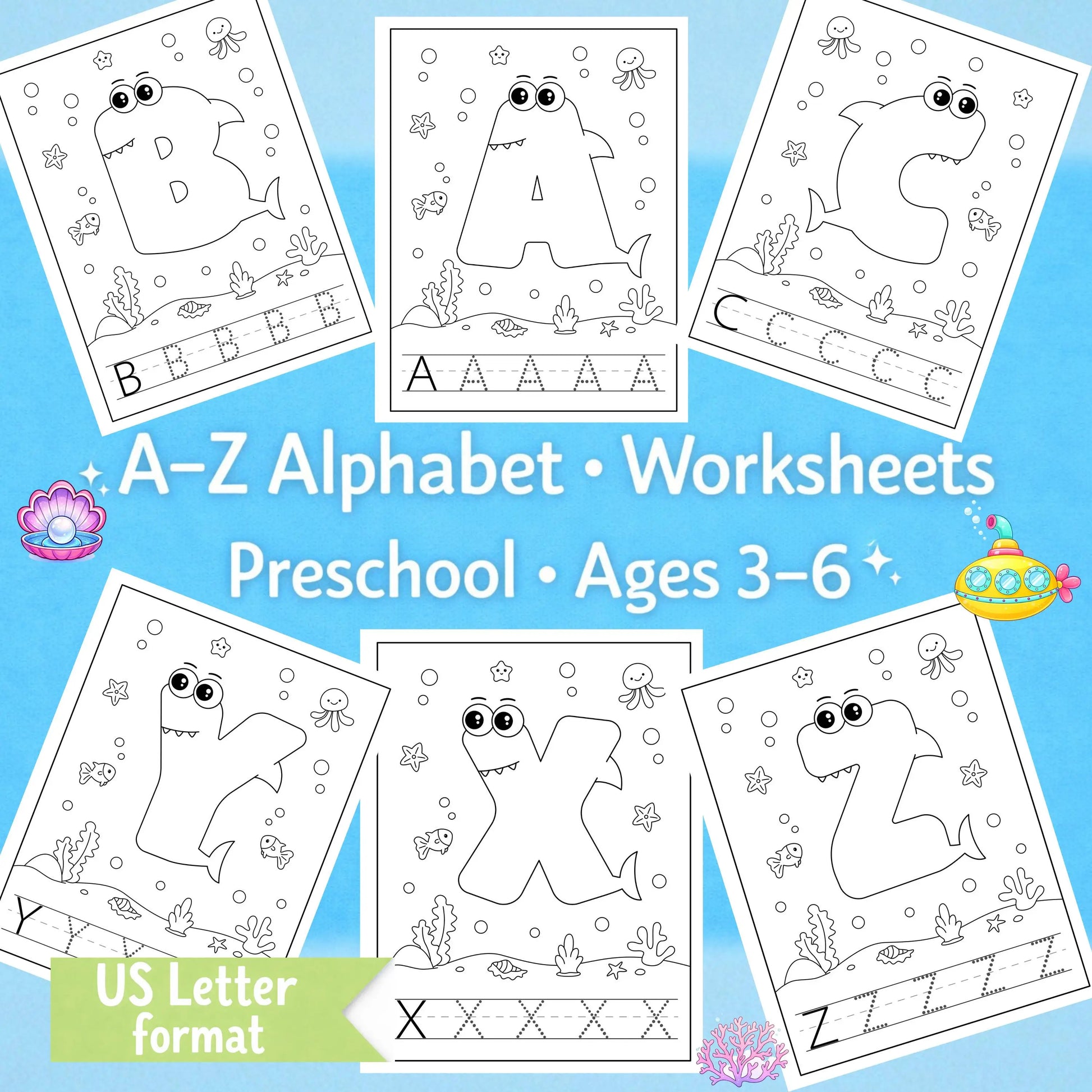 A–Z alphabet coloring and tracing worksheets with sea animal letters for preschool kids ages 3–6