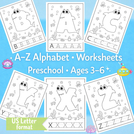 A–Z alphabet coloring and tracing worksheets with sea animal letters for preschool kids ages 3–6